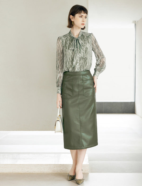 Vintage Tie-Waist Printed Long-Sleeve Blouse