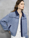 Navy And White Diagonal Jacquard Cropped Jacket