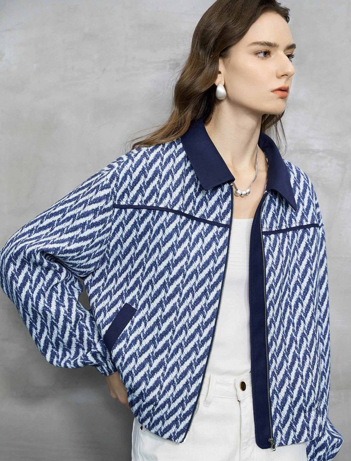Navy And White Diagonal Jacquard Cropped Jacket