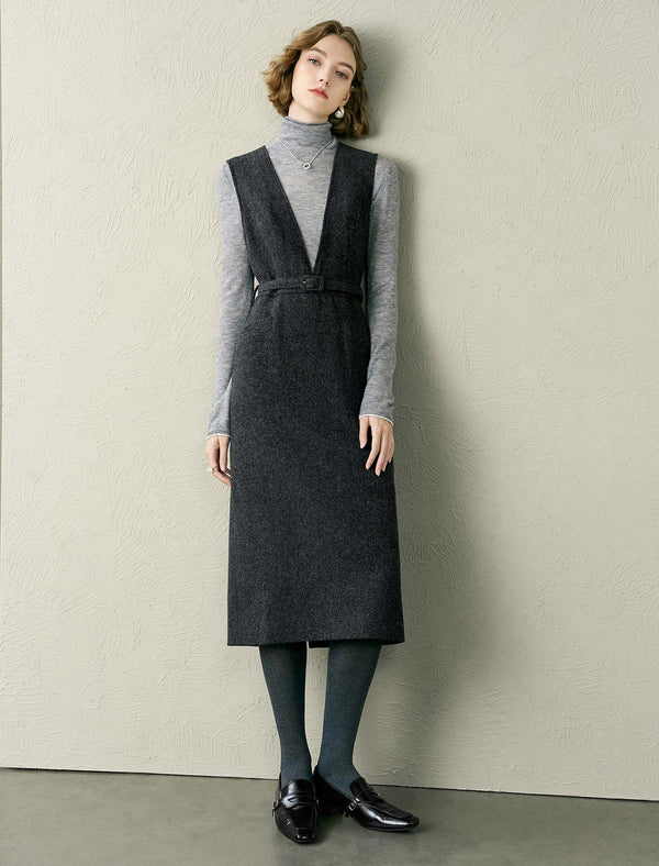 Wool Blend Deep V-Neck Sleeveless Dress