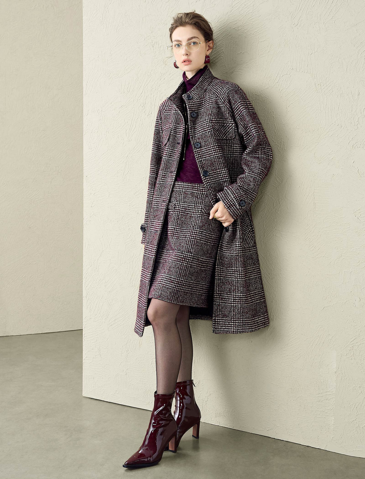 Classic Plaid Wool-Blend Stand Collar Coat
