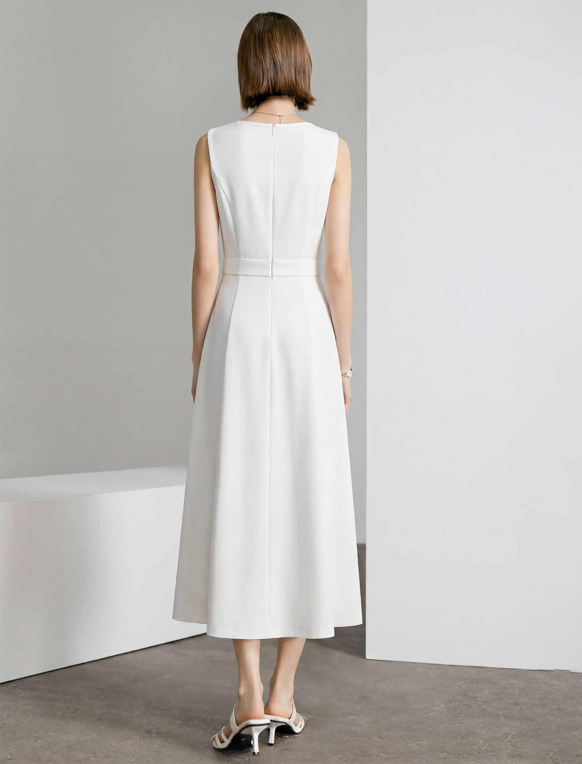 White Boat Neck Sleeveless Lace Slit Waist-Fitted Midi Dress