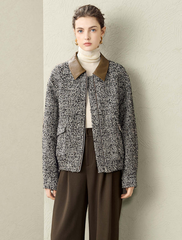 Tweed Wool-Blend Leather Collar Jacket