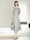 Elegant Jacquard Round Neck Waist-Defining Midi Dress