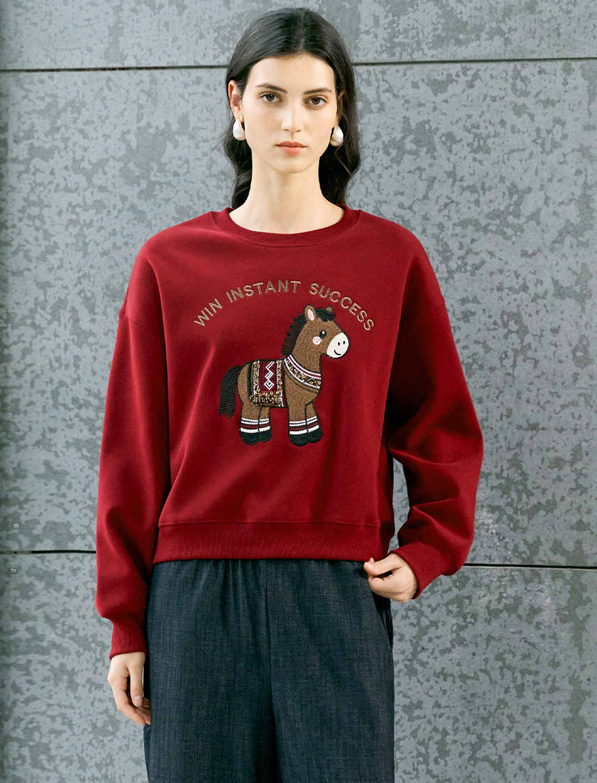 Cartoon‑Pony Embroidered Crew‑Neck Sweatshirt