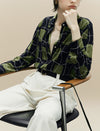 100% Mulberry Silk Green Grid Print Button-Down Shirt
