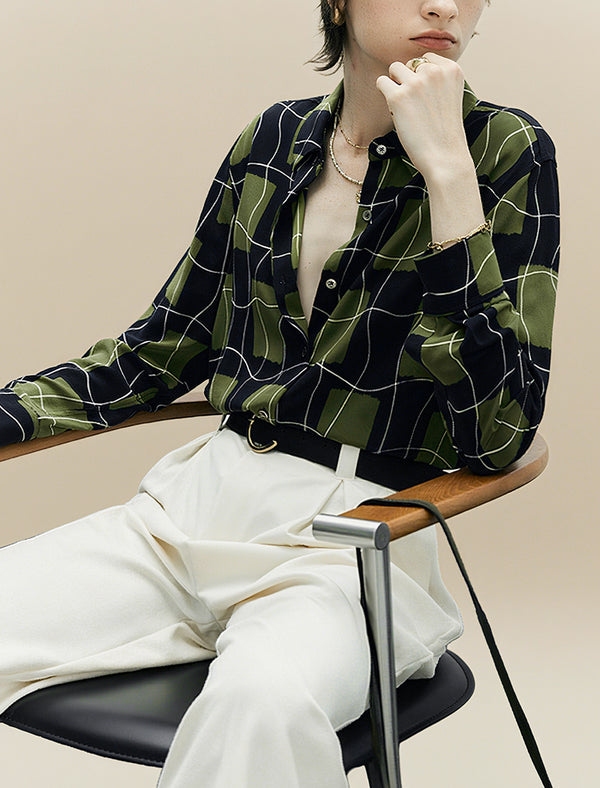 100% Mulberry Silk Green Grid Print Button-Down Shirt