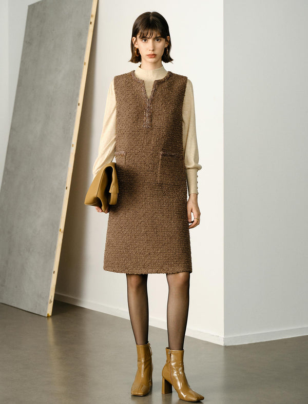 Brown Wool Loose Sleeveless Midi Dress