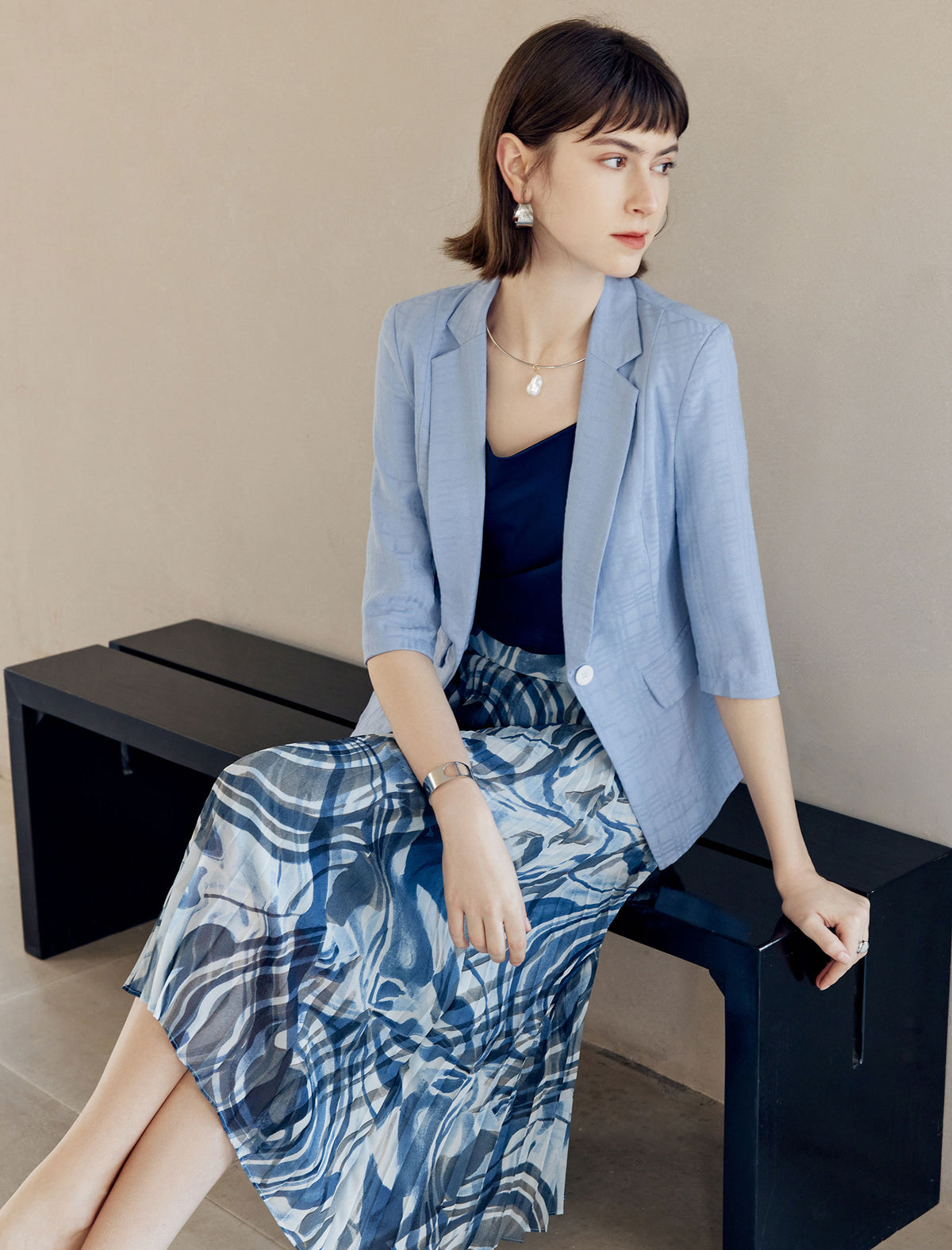 Blue Abstract Print Pleated Midi Skirt