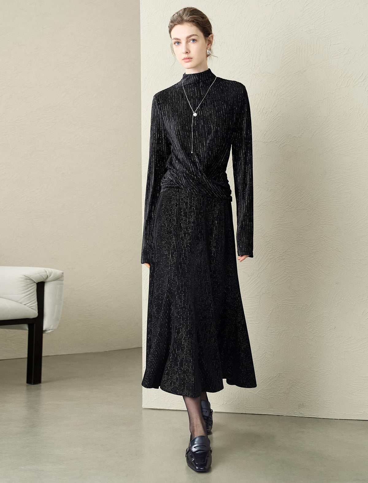 Shimmery Striped Mock Neck Long-Sleeve Top