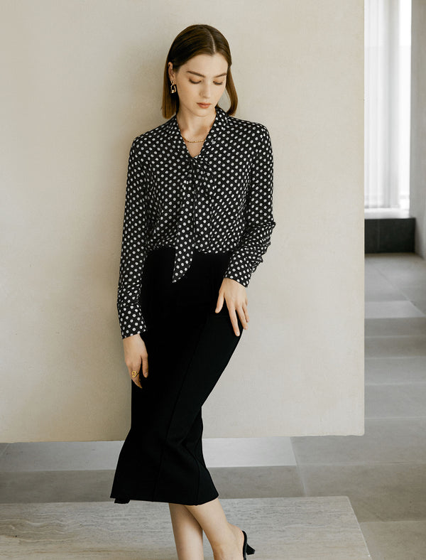 100% Mulberry Silk Bow Tie Neck Print Blouse