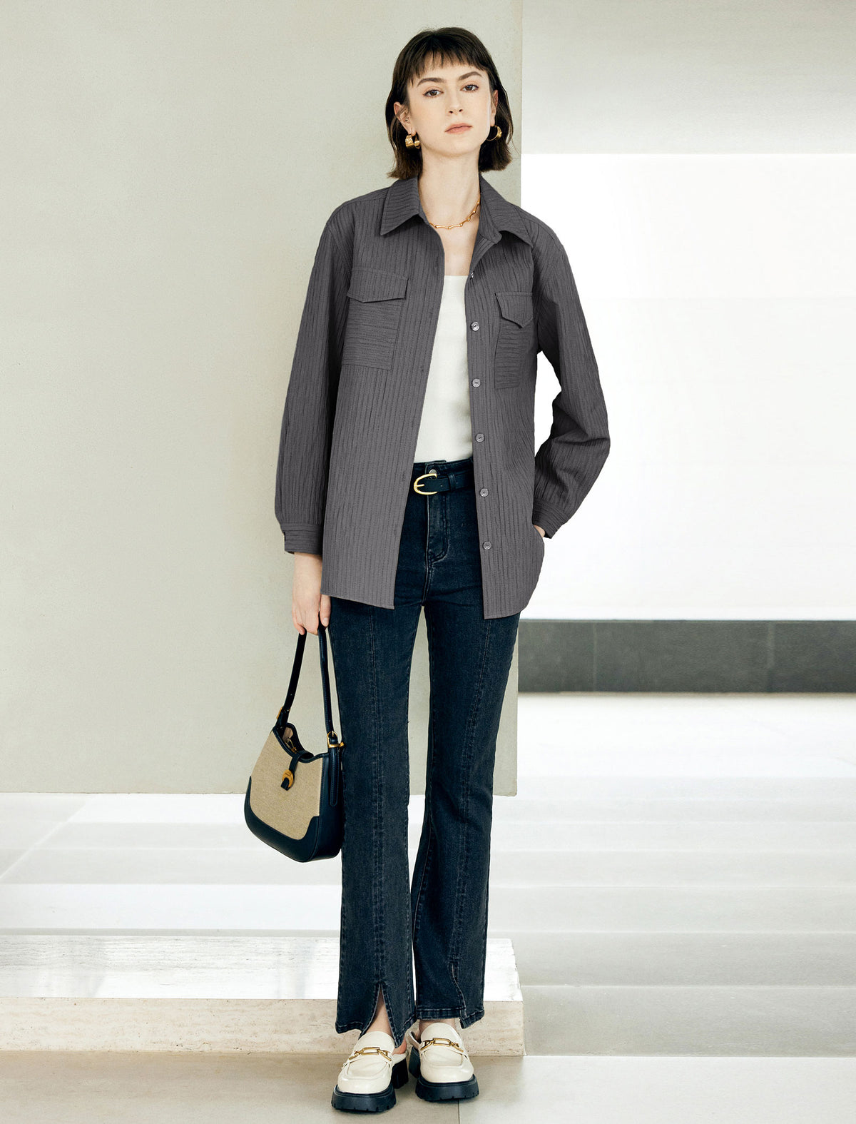 Vertical Textured Dual Chest Pocket Oversized Button Down Shirt