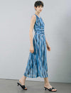 Blue Abstract Print Sleeveless Ruched Waist Midi Dress