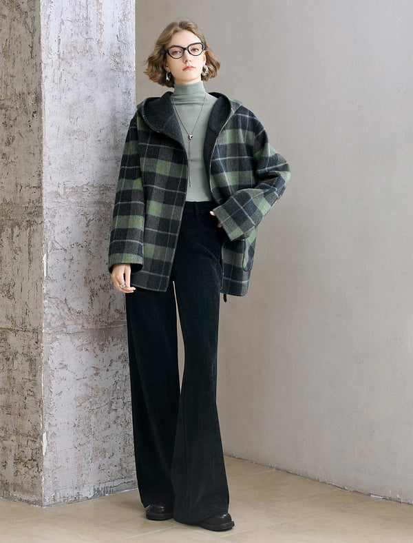 Plaid Wool-Blend Hooded Coat