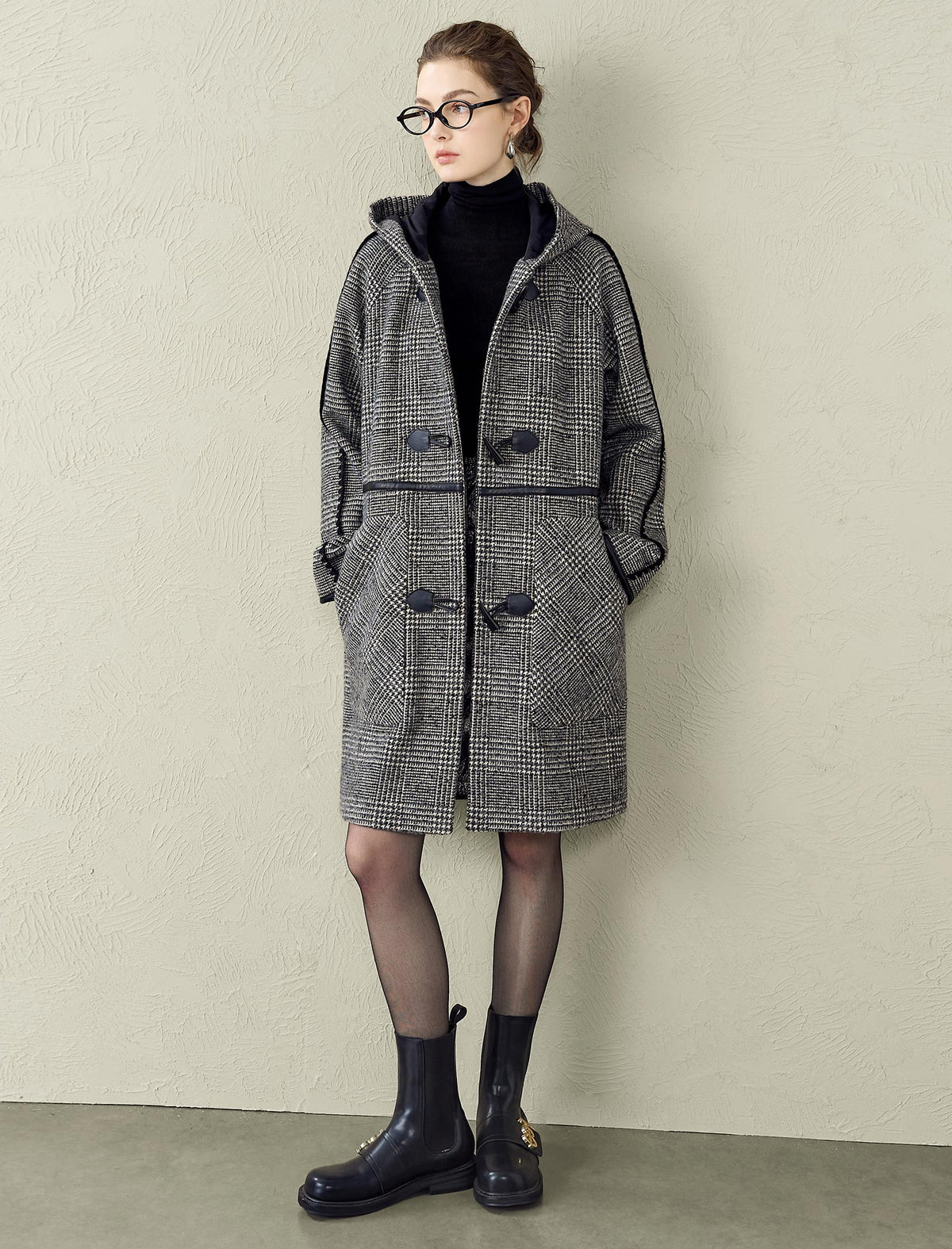 Plaid Wool-Blend Toggle Hooded Coat