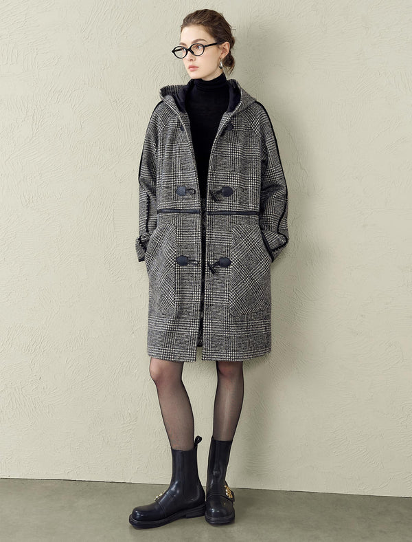 Plaid Wool-Blend Toggle Hooded Coat
