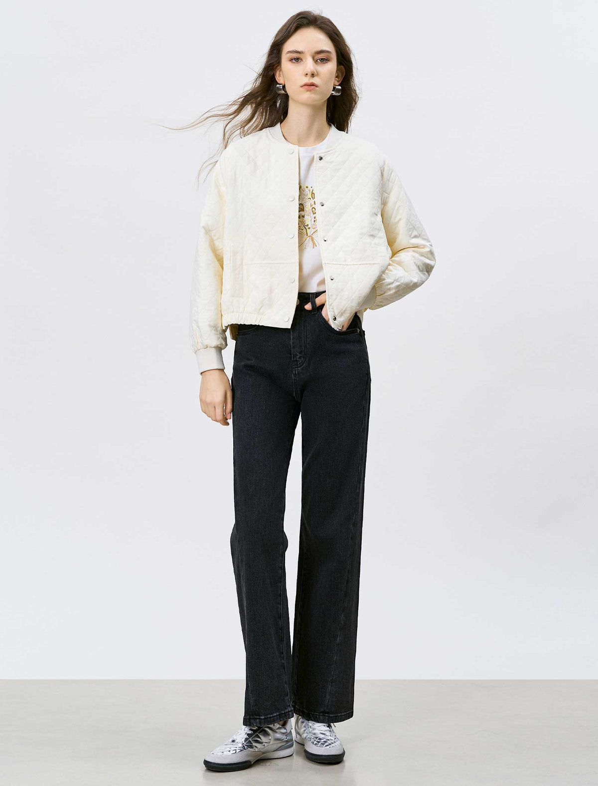 Cream Quilted Bomber Jacket