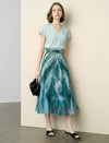 Green Blue Watercolor Print Chiffon Midi Skirt