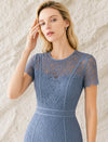 Dusty Blue Floral Lace Sheath Midi Dress