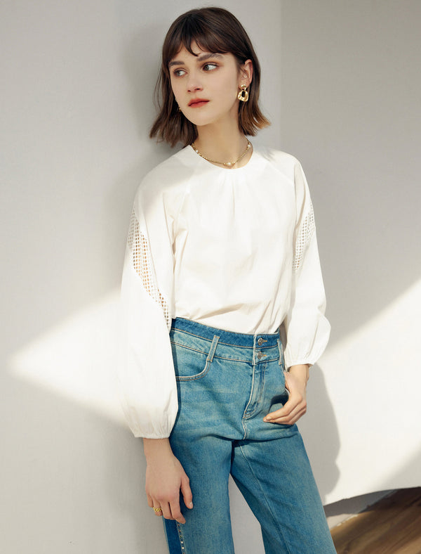 Mesh Detail Round Neck Puff Sleeve Blouse