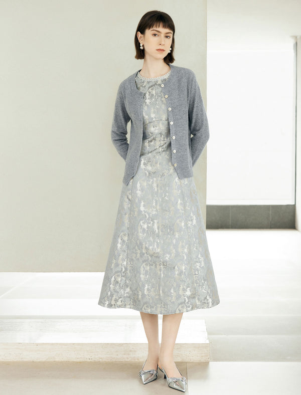 100% Wool Gray Round Neck Knit Cardigan