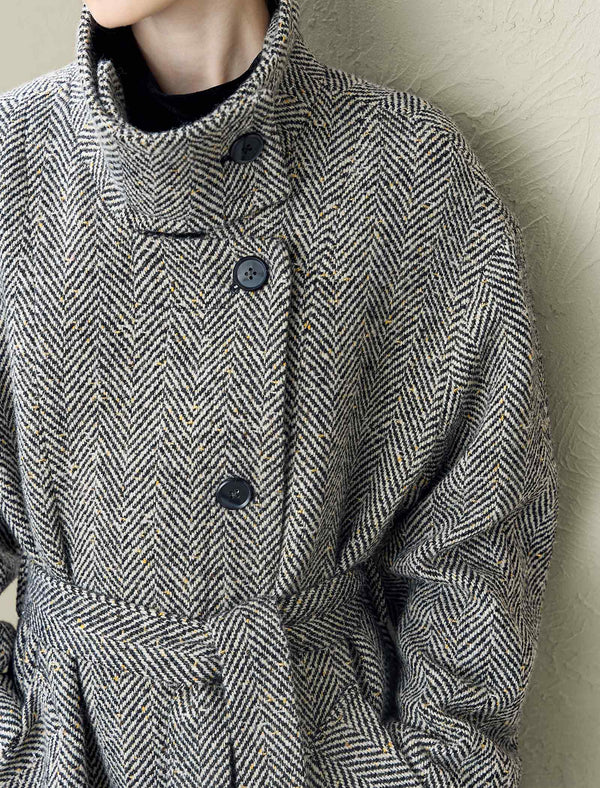 Herringbone Wool-Blend Self-Tie Overcoat