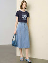 Paneled Soft Denim High-Waisted Midi Skirt