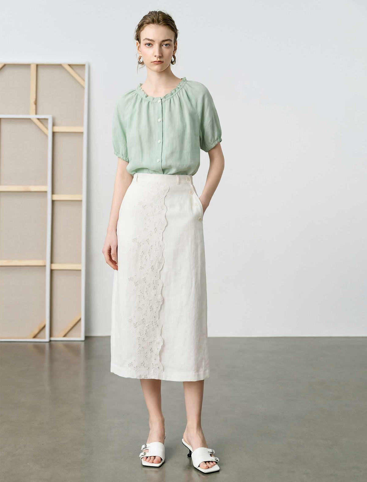 Eyelet Lace Trim High-Waisted Midi Skirt