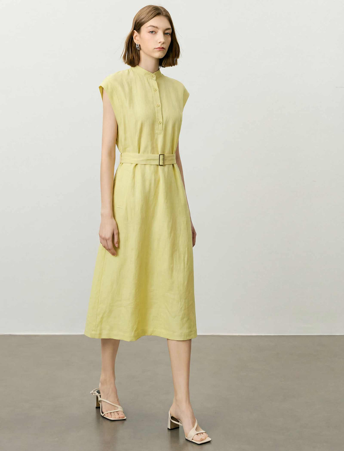 Stand Collar Sleeveless Belted Tencel Linen Midi Dress
