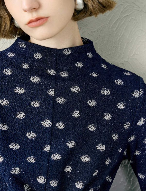 Textured Dot Print Mock Neck Twist-Front Midi Dress