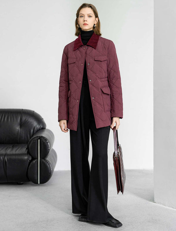 Burgundy Velvet Collar Quilted Jacket