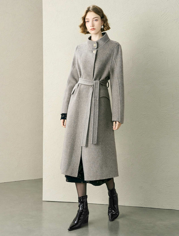 Wool-Blend Stand-Up Collar Belted Maxi Coat