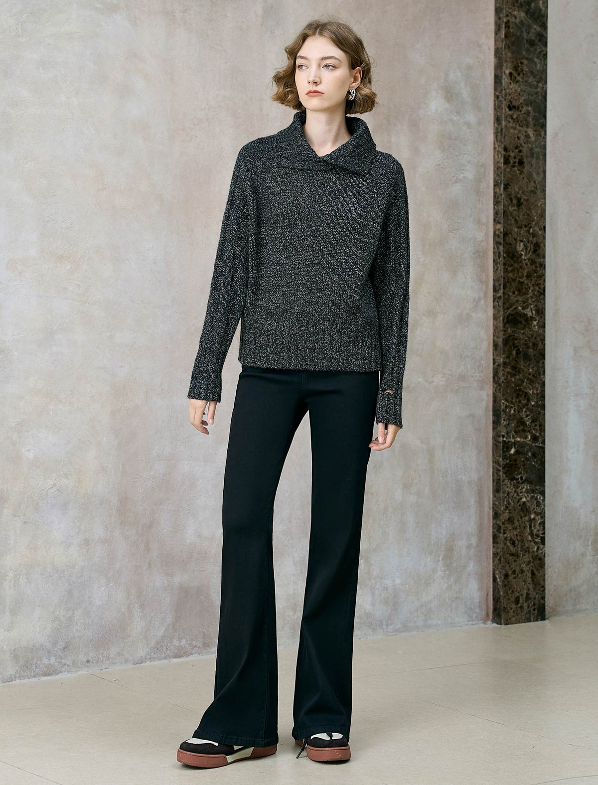 Charcoal Wool-Blend Shawl Collar Sweater