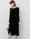 Black Velvet Irregular Hem Long Sleeve Midi Dress