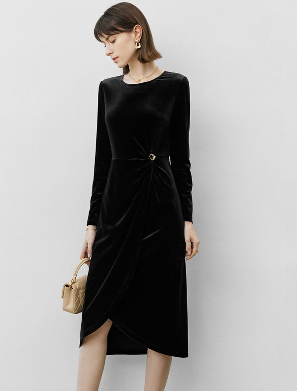 Black Velvet Irregular Hem Long Sleeve Midi Dress