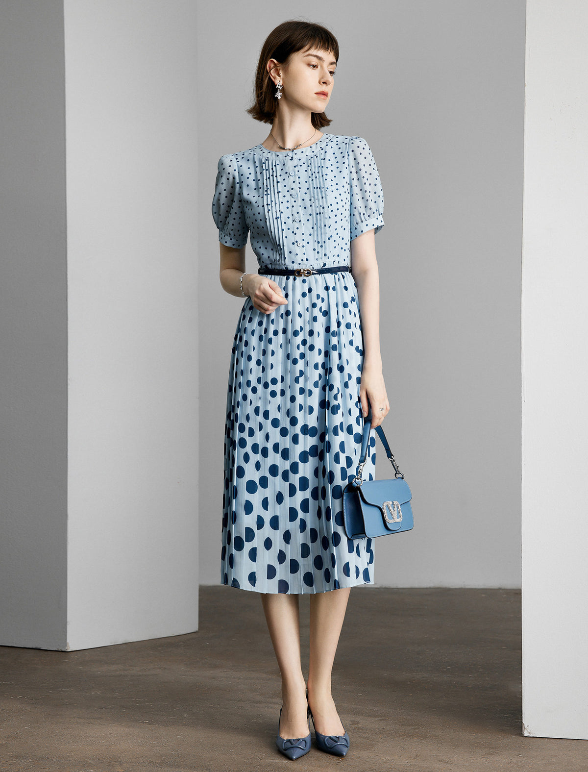 Light Blue Polka Dot Pleated Midi Dress