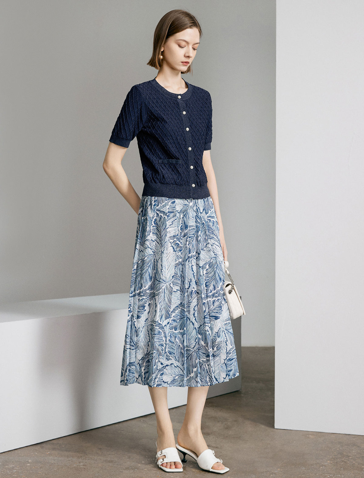Leaf Print Pleated Midi Skirt