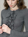 Grey Ruffled Button-Front Wool Knit Cardigan