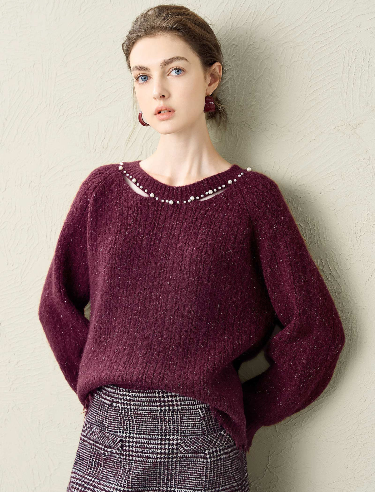 Burgundy Wool-Blend Cutout Neck Sweater