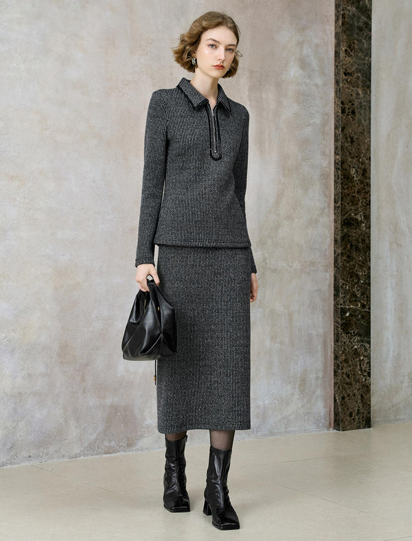 Back Slit Ribbed Knit Midi Skirt