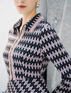 Geometric Plaid Zip Collar Long Sleeve A-Line Dress