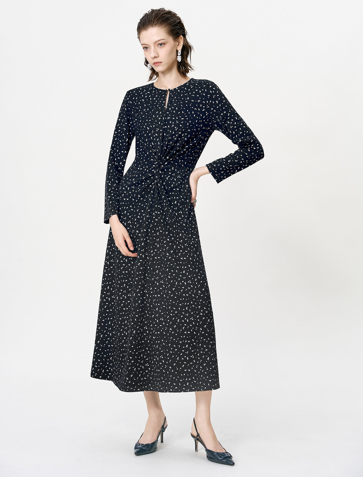 Black Ditsy Floral Long Sleeve Midi Dress