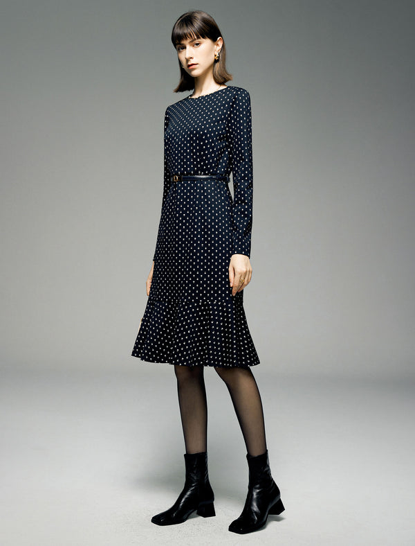 Polka Dot Round Neck Mermaid Long-Sleeve Midi Dress