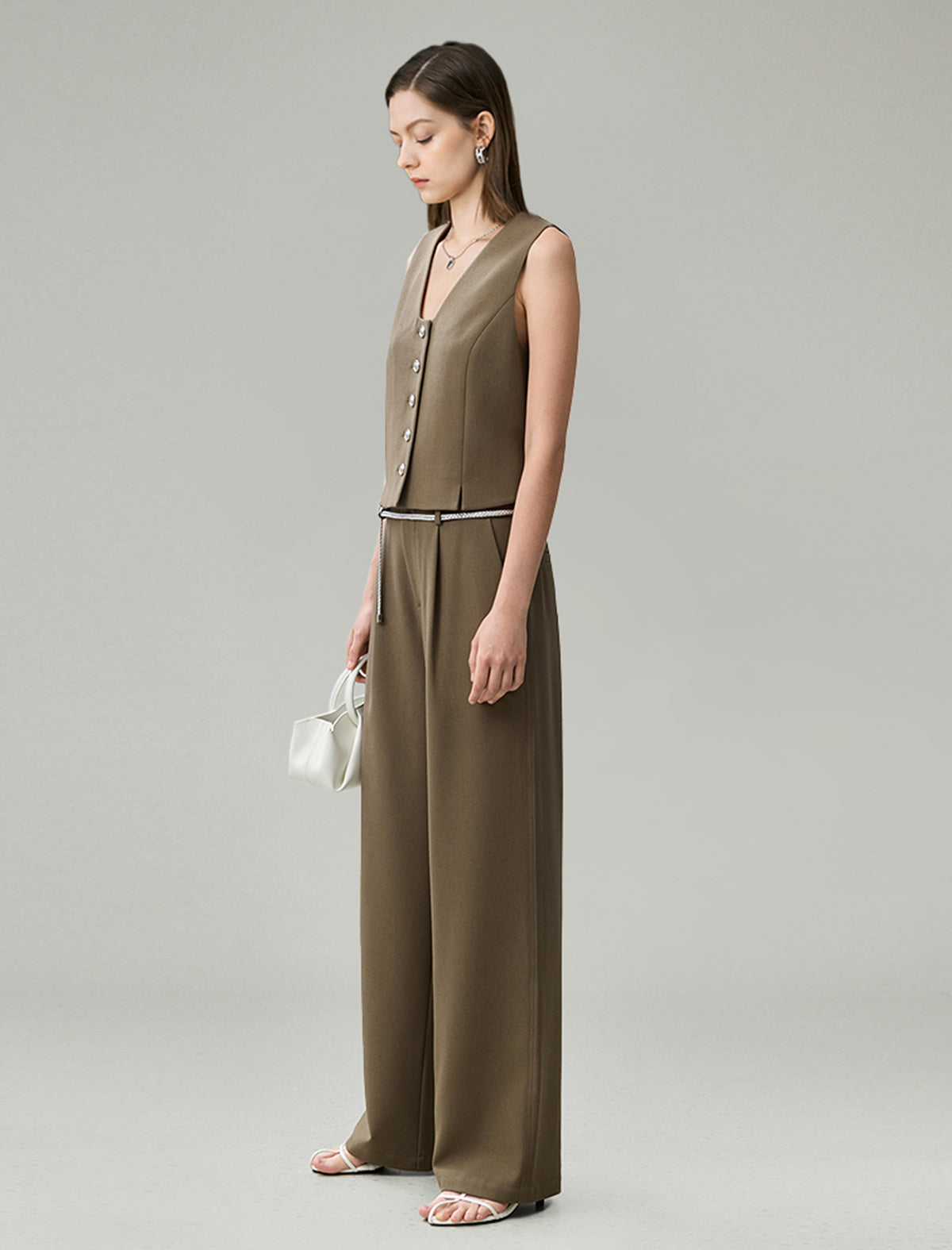 Linen Blend Wide-Leg Tailored Pants