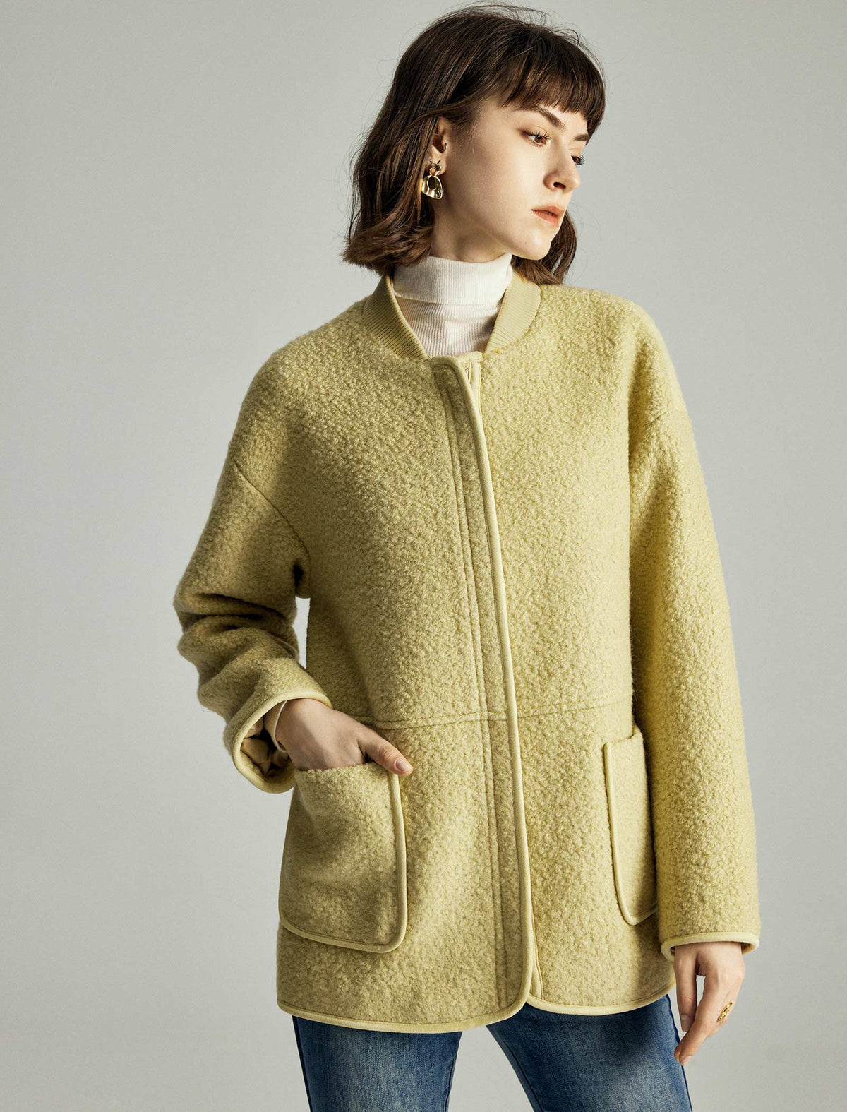 Wool-Blend Pocket Detail Bomber Jacket