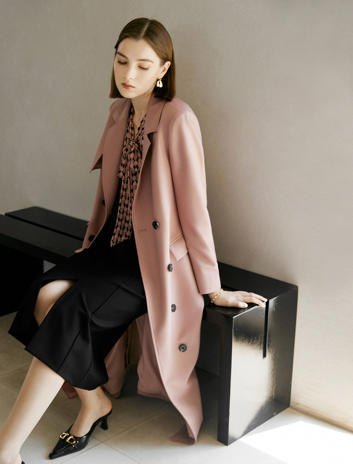 Gathered Waist Double-Breasted Trench Coat