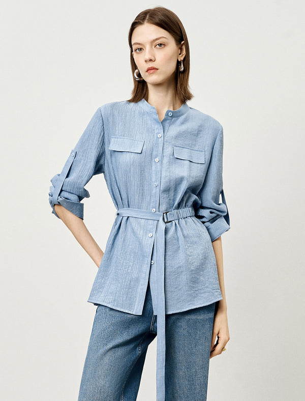 Tencel Blend Textured Belted Shirt
