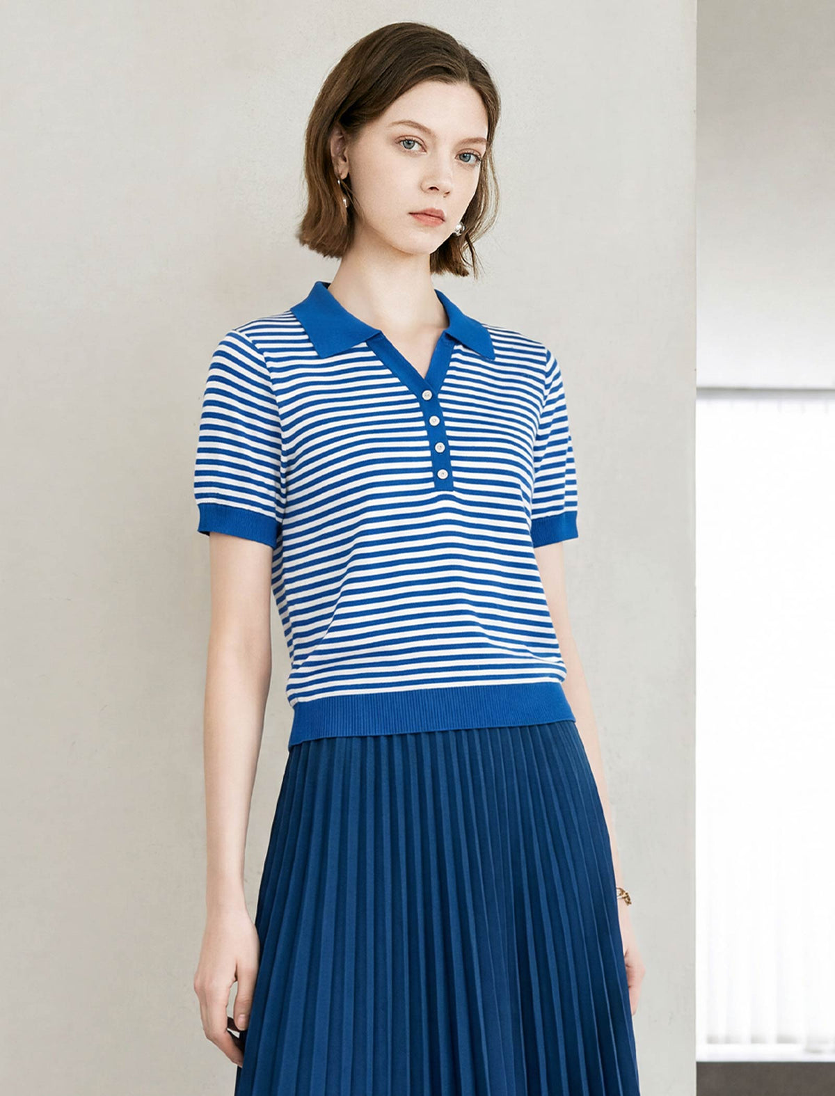 Navy White Striped Polo Short Sleeve Knit Top