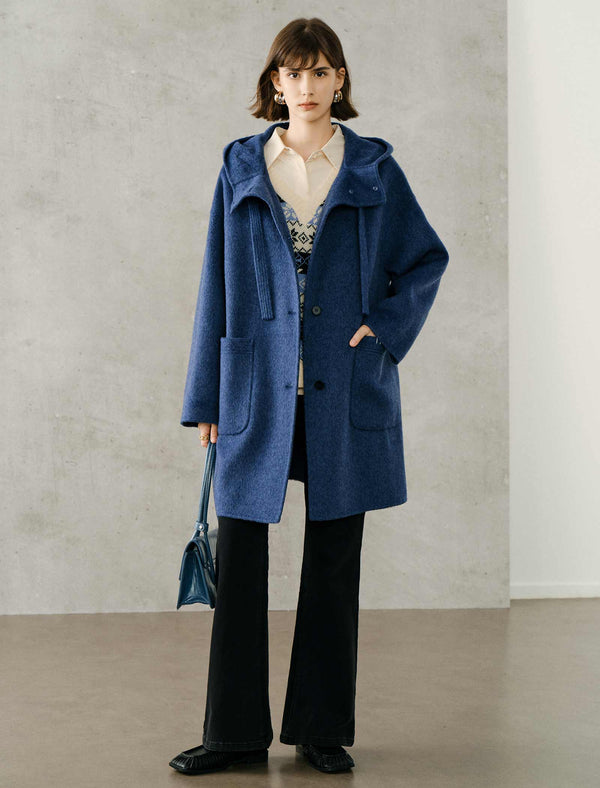 100% Wool Button-Front Hooded Coat