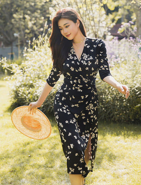 Floral Print Wrap Side Slit Midi Dress